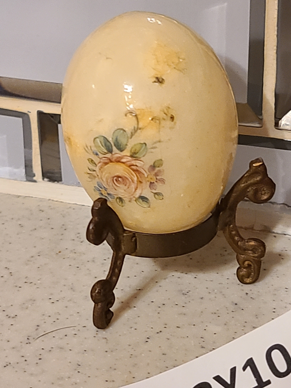 Antique Cream Floral Egg on Bronze Stand